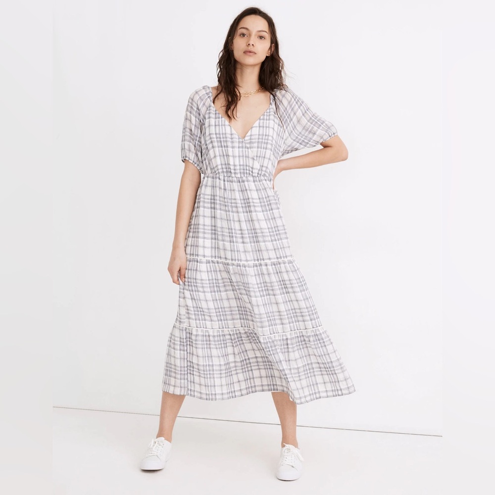 Madewell Puff-Sleeve Faux-Wrap Tiered Midi Dress
